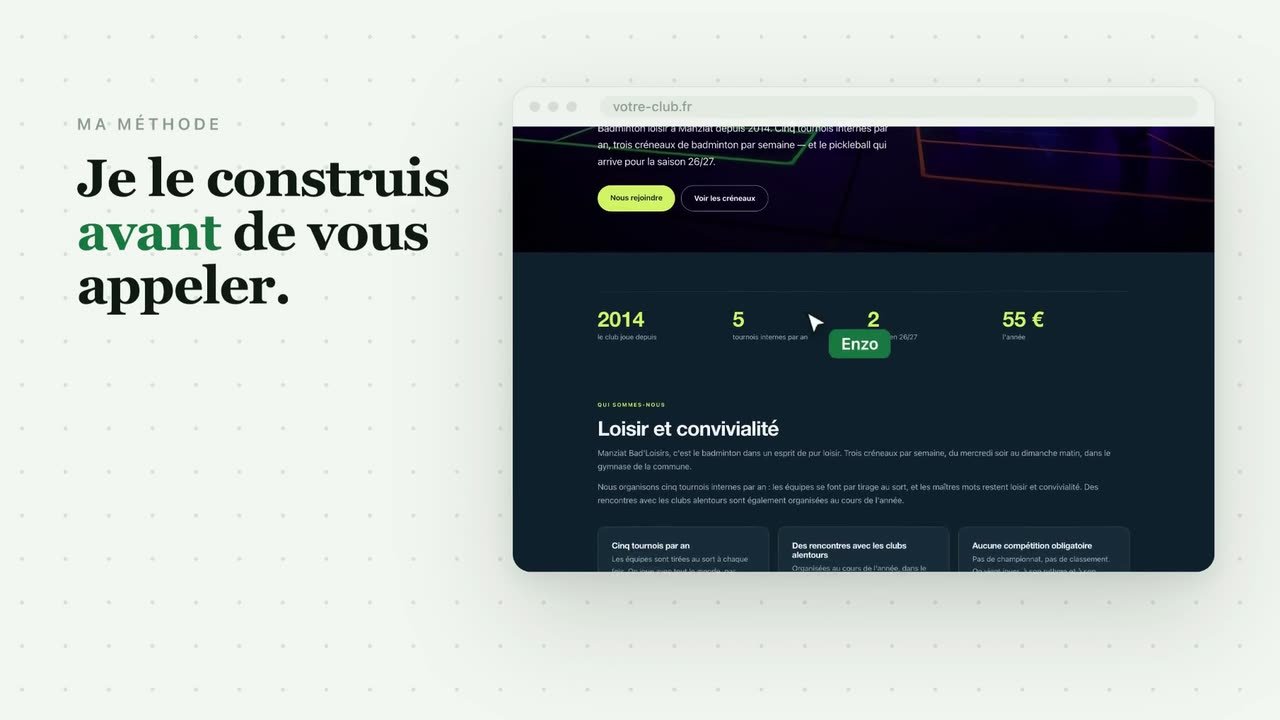 Le film de l'offre club : le site d'un club affiché dans un navigateur
